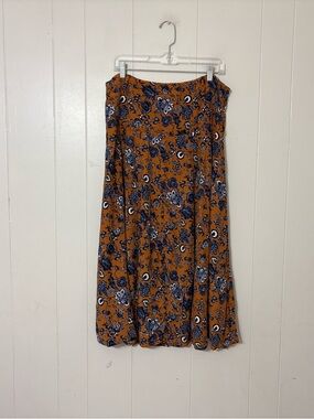 BeachGold Bali Floral Maxi Skirt L Brown Blue Bohemian Viscose Resort Vacation
